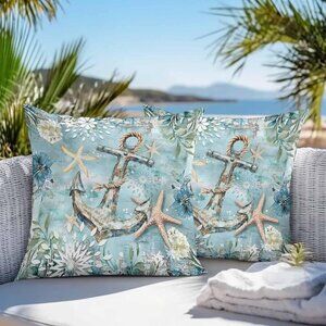 Nautical Anchor Outdoor Pillow Covers 16x16 Set of 2 Waterproof Teal Cushion NEW